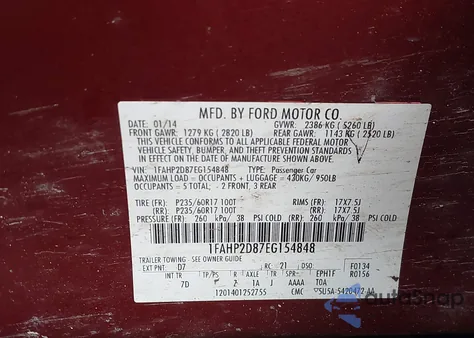 2014 Ford Taurus Se from USA, damaged, VIN 1FAHP2D87EG154848